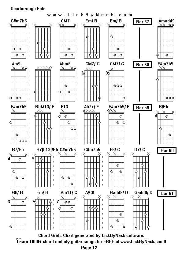 Chord Grids Chart of chord melody fingerstyle guitar song-Scarborough Fair,generated by LickByNeck software.